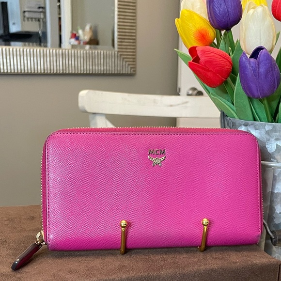 MCM pink leather zip around wallet